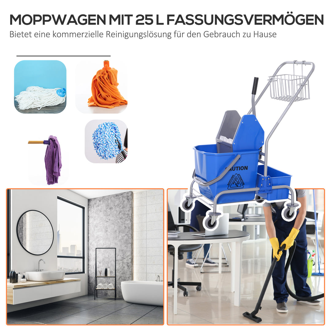 Rengøringsvogn, moppevogn, 25 l kapacitet, 4 hjul, plastik, blå