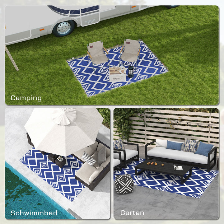 Udendørs tæppe terrassetæppe vejrbestandigt moderne design 182 cm x 274 cm x 0,3 cm blå + hvid