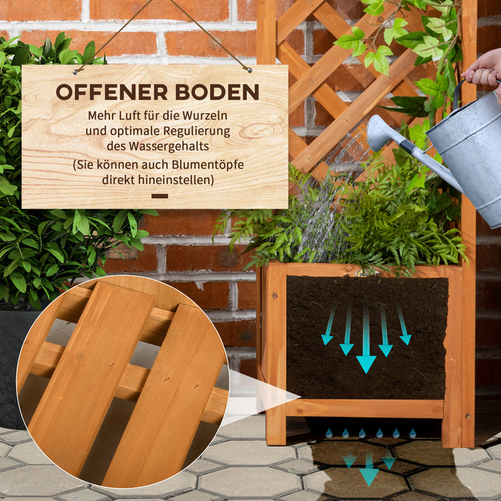 Plantekasse med hjørneespalier, drænåbning, vejrbestandig, naturtræ, brun, 32 x 32 x 108 cm