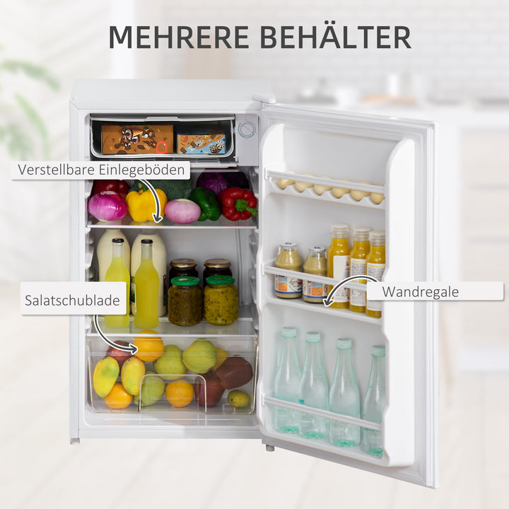 Minikøleskab, 91 liters kapacitet, fryserum, justerbare hylder, stille drift, kompakt størrelse, plast, stål, hvid