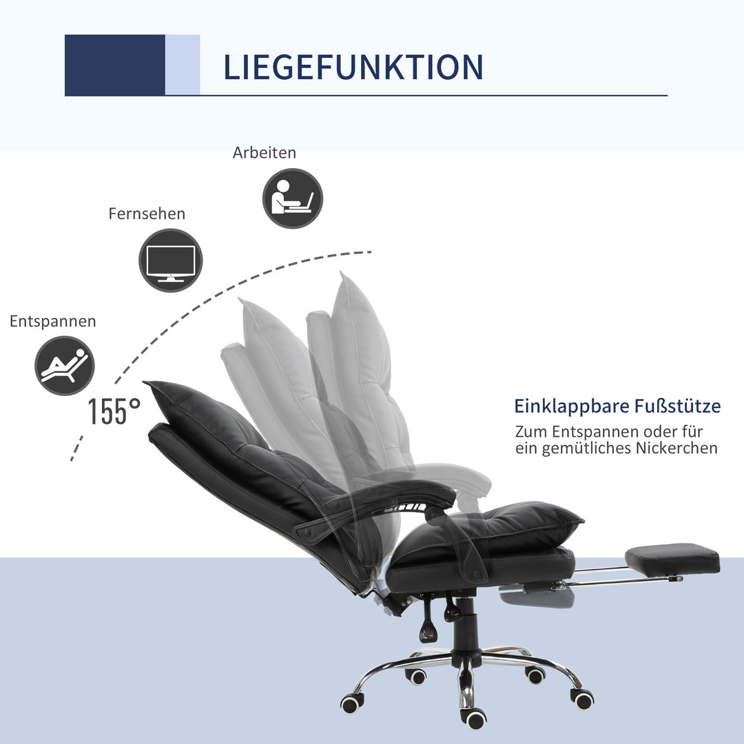 Kontorstol med lænefunktion, ergonomisk skrivebordsstol, højdejusterbar drejestol med fodstøtte, polstret, lasteevne op til 135 kg, til kontor, studie, sort