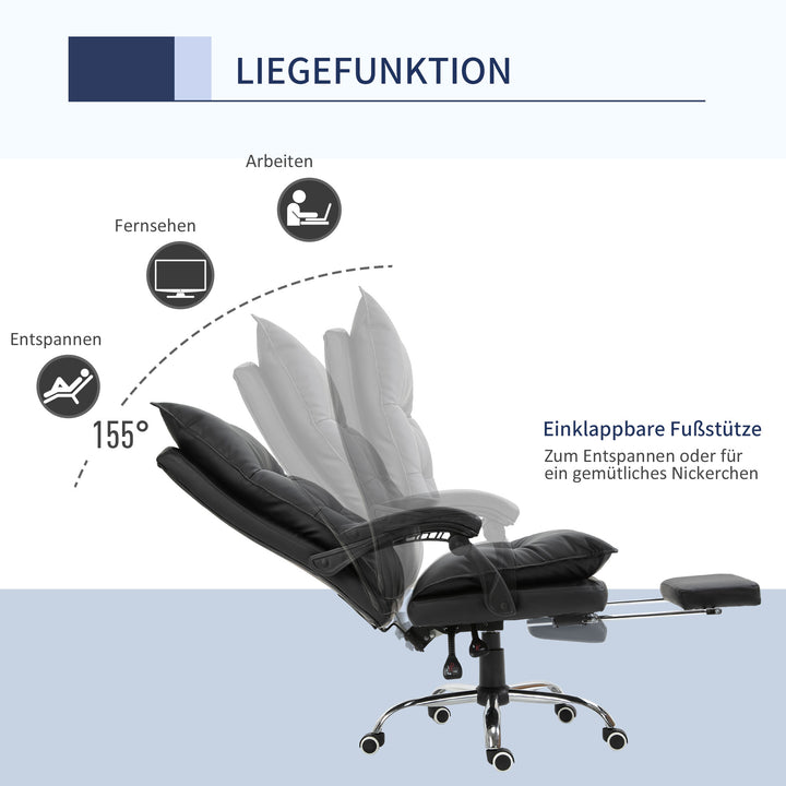 Kontorstol med lænefunktion, ergonomisk skrivebordsstol, højdejusterbar drejestol med fodstøtte, polstret, lasteevne op til 135 kg, til kontor, studie, sort