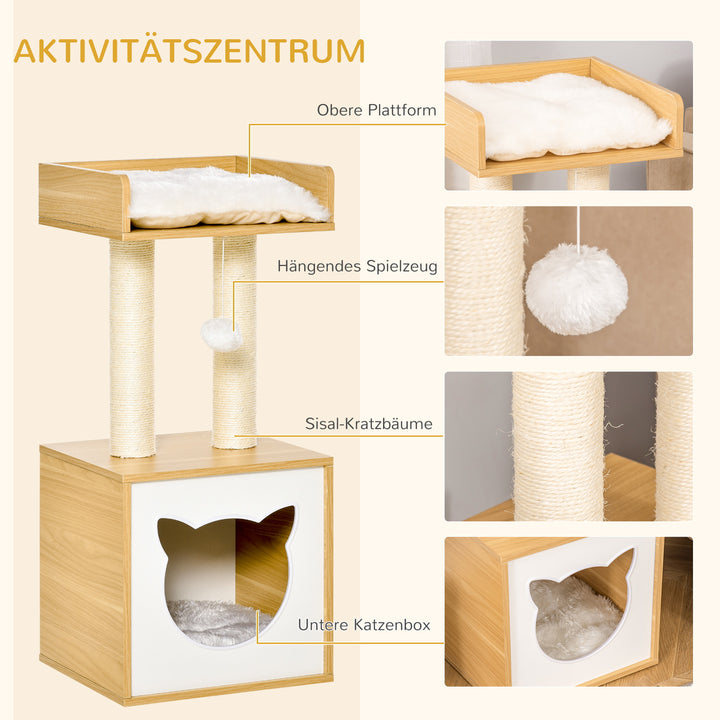 Kattehule med 2 bløde hynder, kradsetræ med katteseng, legetøjsbold, kattehus, sisal naturfarvet 35 x 35 x 81 cm