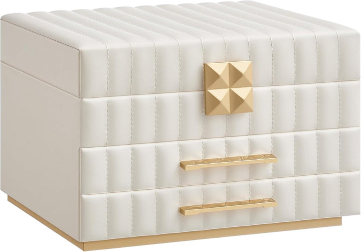 3-lags smykkeskrin med spejl, smykkeorganisator med 2 skuffer, PU-overflade med syninger, svævende effekt, 21,5 x 24 x 15,8 cm, gaveidé, hvid