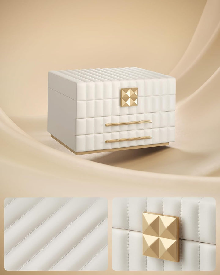 3-lags smykkeskrin med spejl, smykkeorganisator med 2 skuffer, PU-overflade med syninger, svævende effekt, 21,5 x 24 x 15,8 cm, gaveidé, hvid