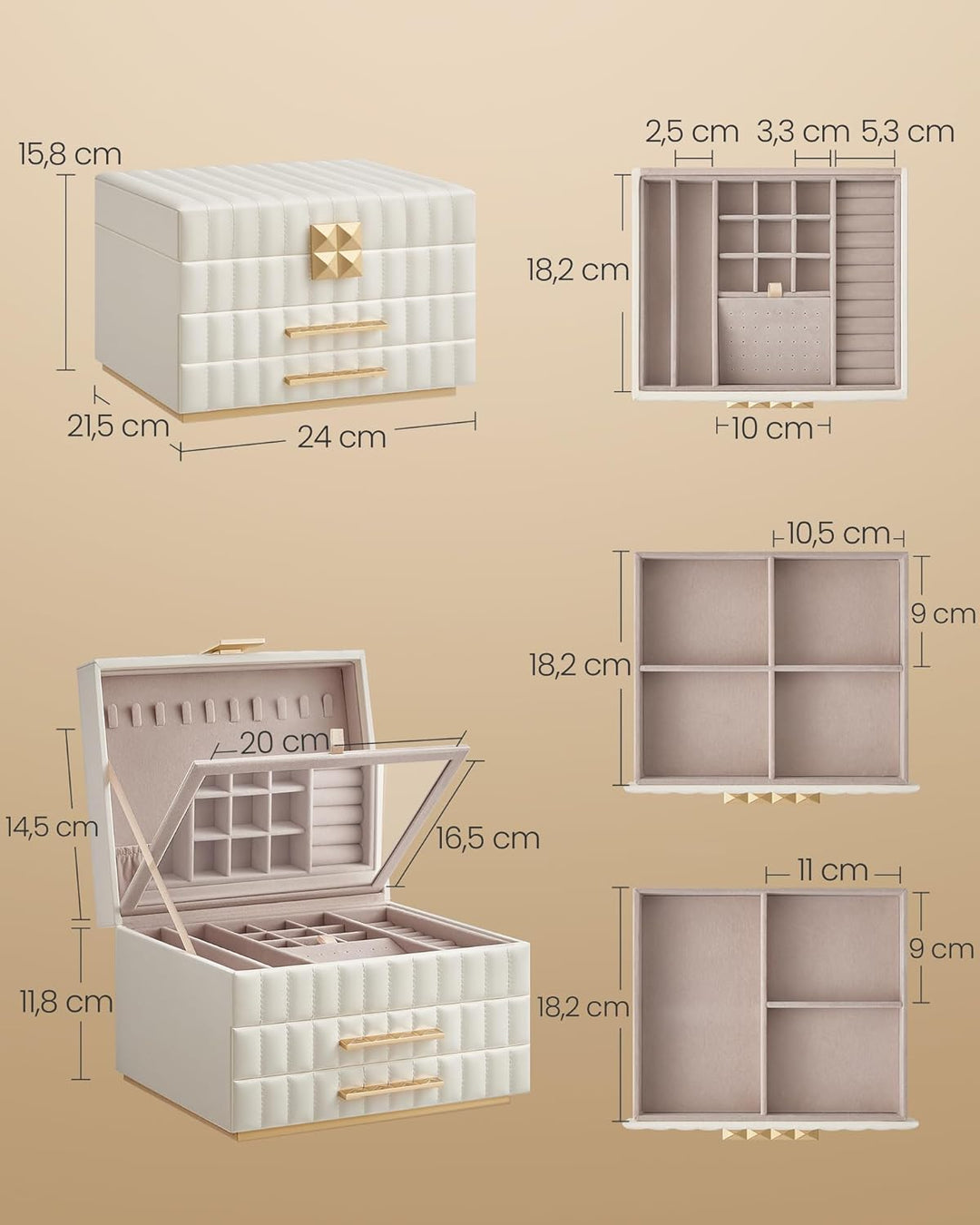 3-lags smykkeskrin med spejl, smykkeorganisator med 2 skuffer, PU-overflade med syninger, svævende effekt, 21,5 x 24 x 15,8 cm, gaveidé, hvid