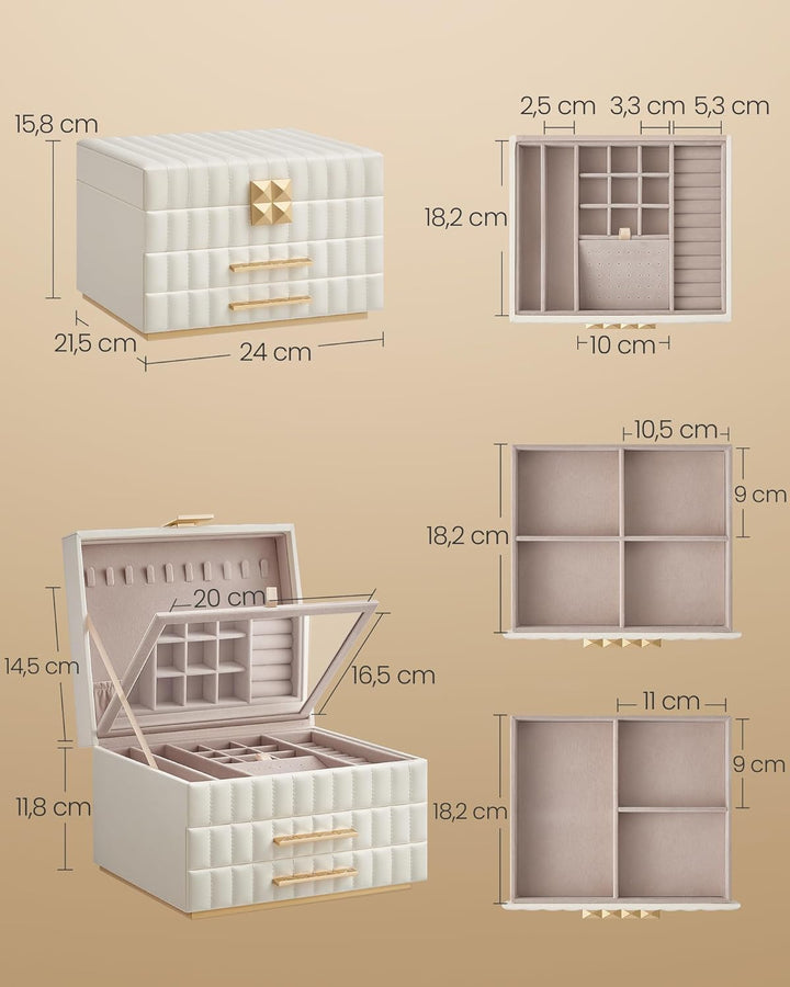 3-lags smykkeskrin med spejl, smykkeorganisator med 2 skuffer, PU-overflade med syninger, svævende effekt, 21,5 x 24 x 15,8 cm, gaveidé, hvid