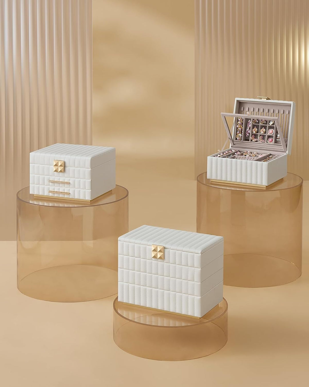 3-lags smykkeskrin med spejl, smykkeorganisator med 2 skuffer, PU-overflade med syninger, svævende effekt, 21,5 x 24 x 15,8 cm, gaveidé, hvid