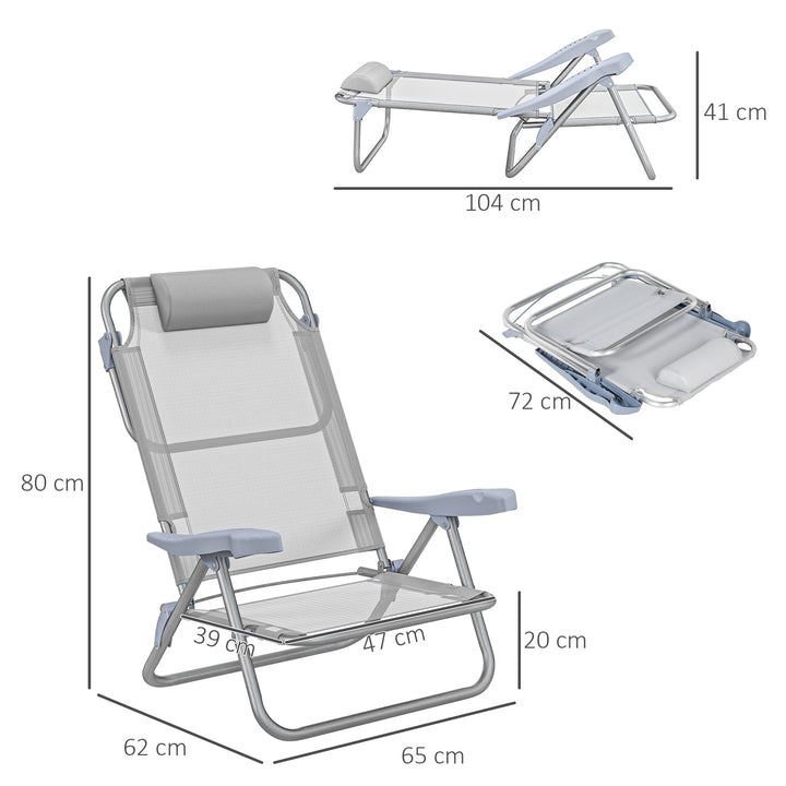 Sæt med 2 foldbare campingstole med justerbar ryglæn og nakkestøtte i net i 6 positioner, 62 x 65 x 80 cm, lysegrå