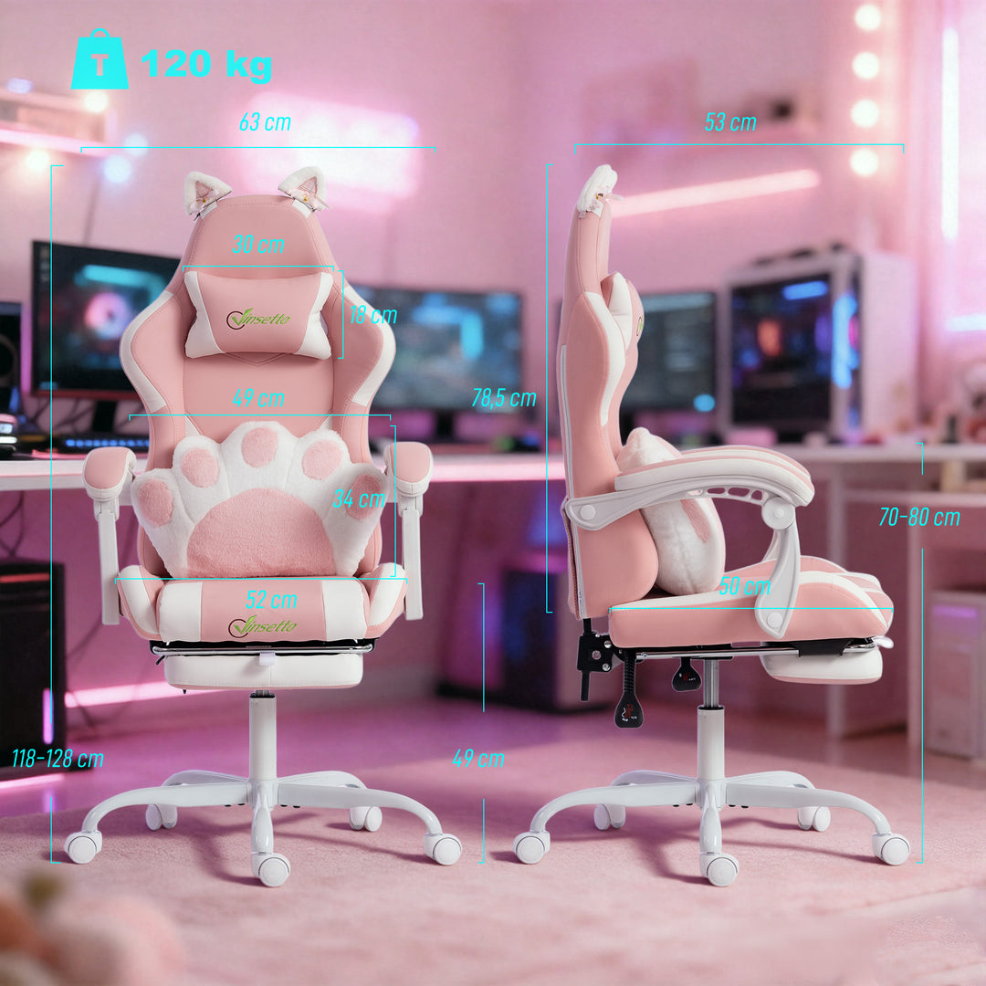 Ergonomisk gamingstol, katteøre gamerstol lavet af kunstlæder med lændestøtte, fodstøtte, nakkestøtte, pink