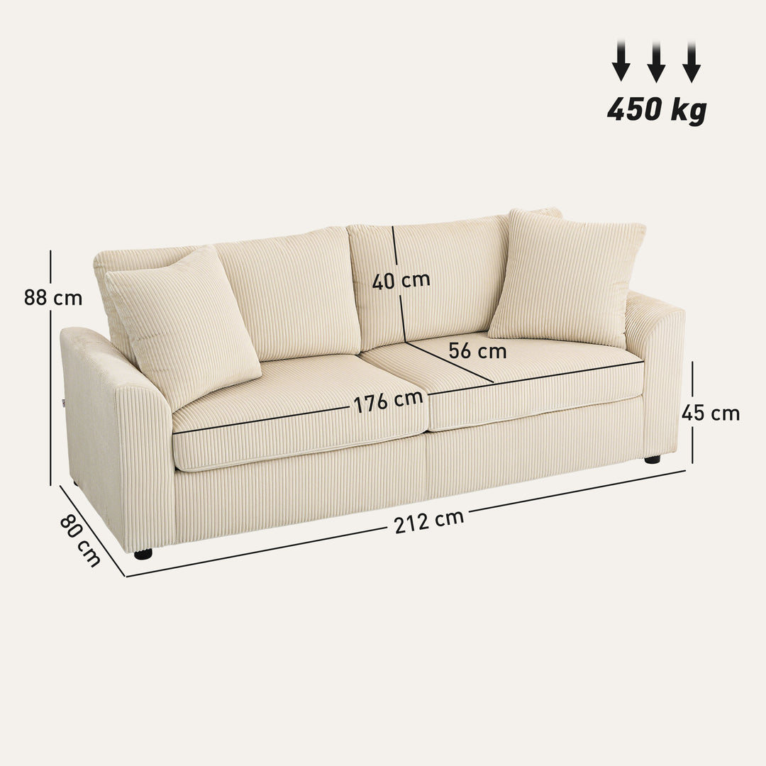 3-personers sofa med dekorative hynder, corduroy sofa til stue, soveværelse, 212 cm bred, cremehvid
