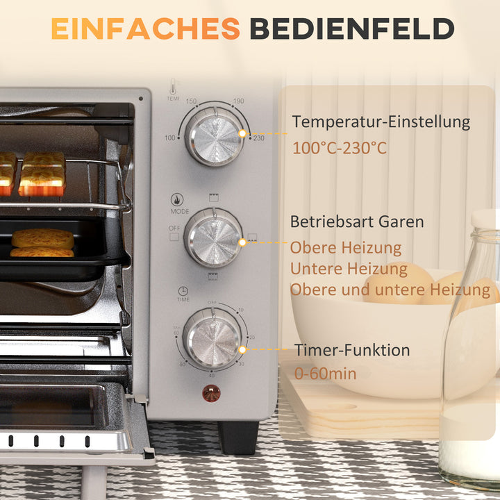 Miniovn, 21 l brødristerovn med 1 rist og 1 bageplade, 3 tilberedningstilstande, 100°c-230°c, rustfrit stål, glas, sølv