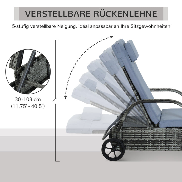 Havestol med hynde, justerbar ryglæn, metalstel, polyrattan, grå, 200 x 73 x 103 cm