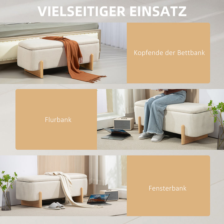 Skammel med opbevaringsplads, bænk med skumpolstring, imiteret linned, 111 x 44 x 44,5 cm, cremehvid