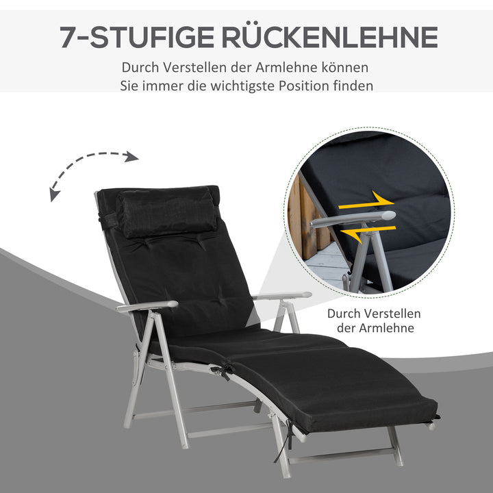 Foldbar solseng med nakkestøtte og sædehynde, liggestol med 7-vejs justerbar ryglæn, haveliggestol, afslapningsliggestol, lasteevne op til 165 kg, til haveferie, udendørs, sort