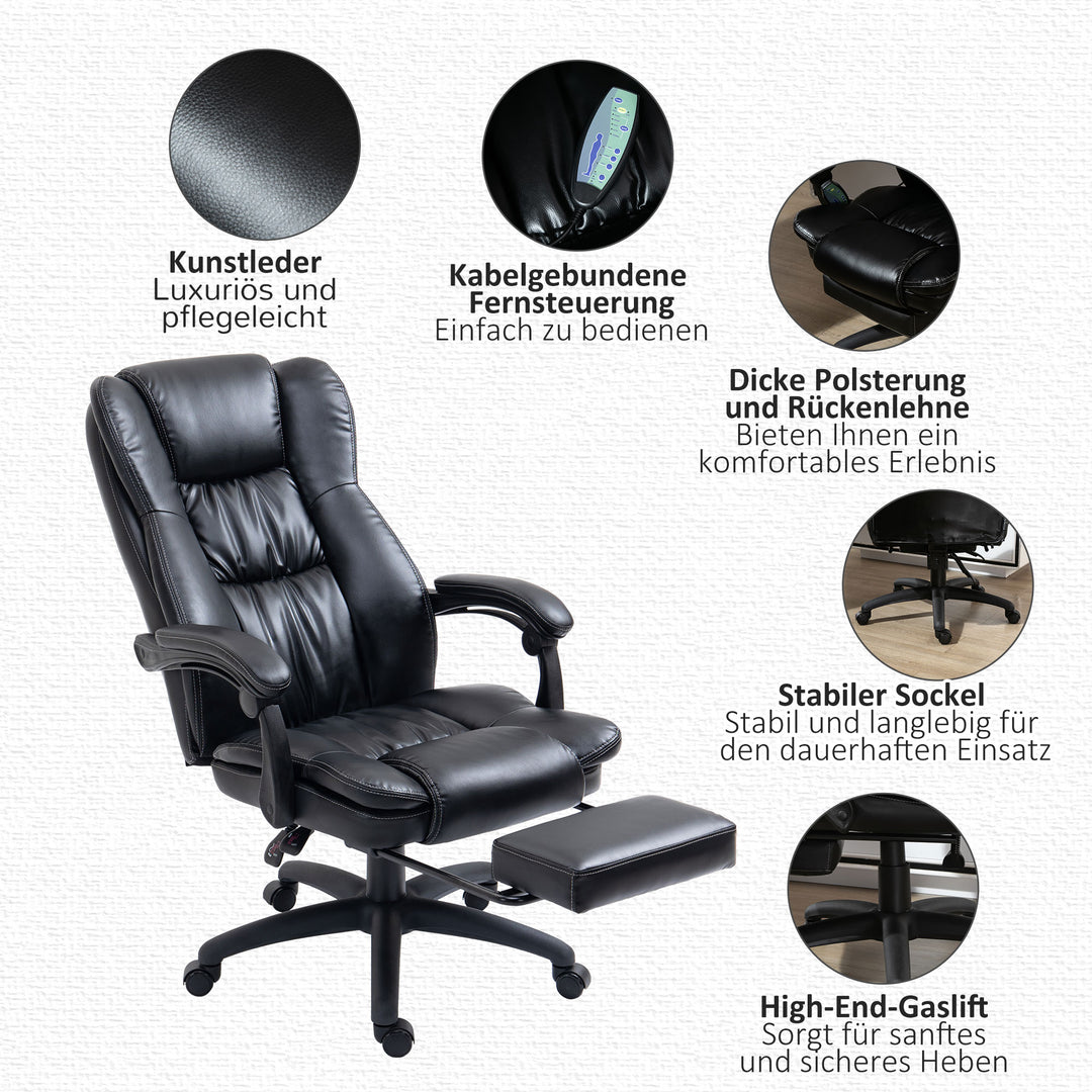 Justerbar drejestol med fodstøtte, nakkestøtte, massagefunktion, kunstlæder, 68,5 x 68,5 x 113-121 cm, sort