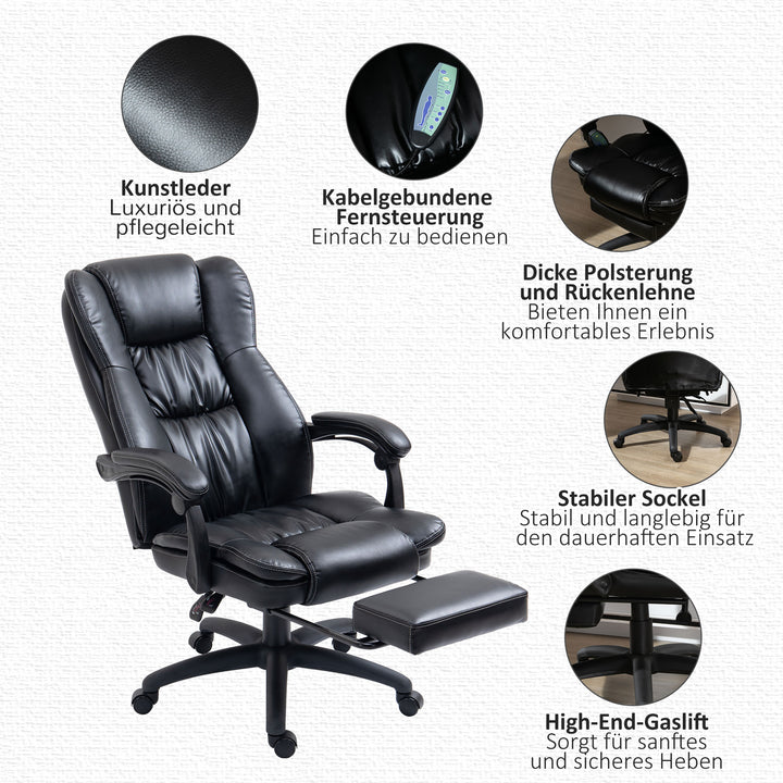 Justerbar drejestol med fodstøtte, nakkestøtte, massagefunktion, kunstlæder, 68,5 x 68,5 x 113-121 cm, sort