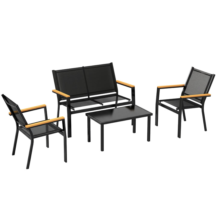 Metal havemøbelsæt, siddegruppe til 4 personer, havelounge med 2-personers sofa, stol og sidebord, 110x63,5x84 cm, sort