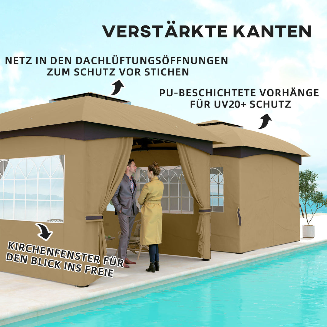 3,4 X 3,4 m havepavillon, øltelt med ventileret tag, buede vinduer, stålramme, beige