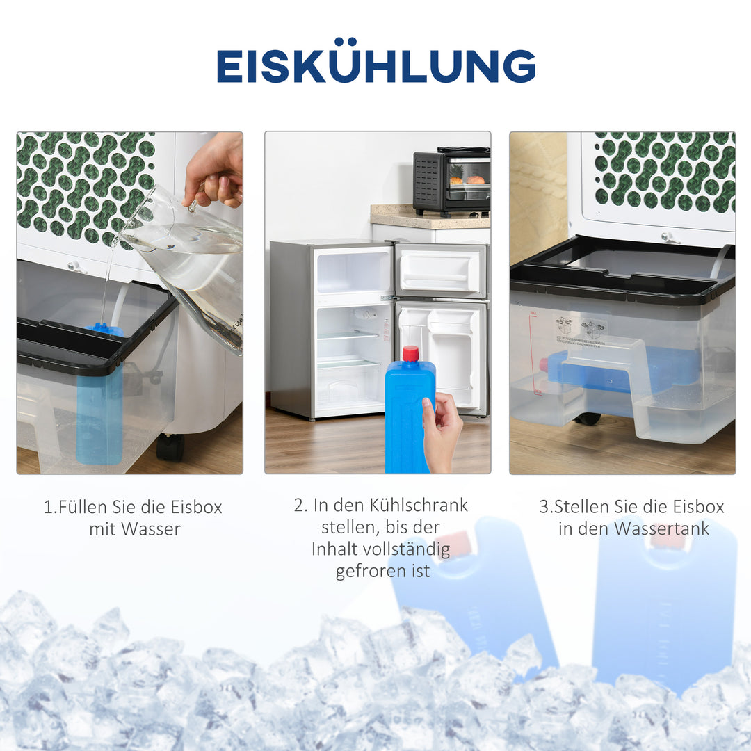 Bærbar luftkøler, 3-i-1 fordampningskøler, luftfugter, ventilator, 10L luftkøler med fjernbetjening, LED-berøringspanel, 3 hastigheder, timer, oscillation, hvid