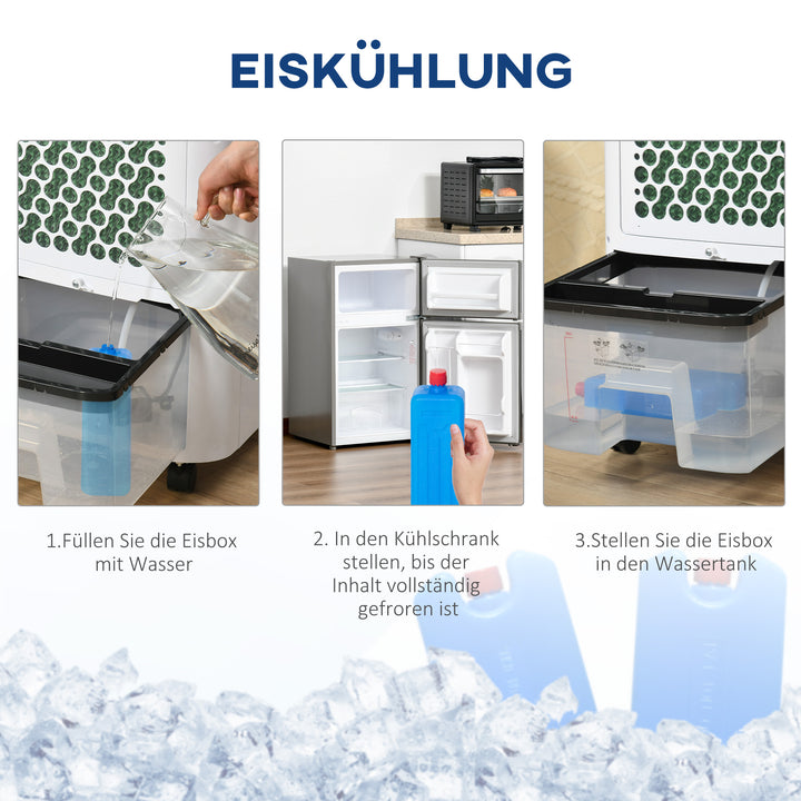 Bærbar luftkøler, 3-i-1 fordampningskøler, luftfugter, ventilator, 10L luftkøler med fjernbetjening, LED-berøringspanel, 3 hastigheder, timer, oscillation, hvid
