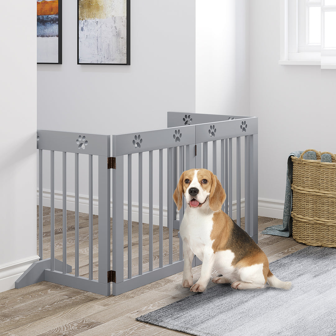 Hundegitter, fyrretræsramme, dobbeltsidet foldbar, poteaftryk, aftagelige fødder, lysegrå