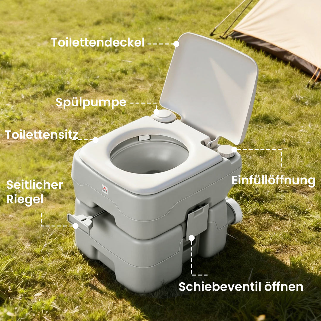 Campingtoilet, rejsetoilet, maks. lasteevne op til 147 kg, 20 l, til camping, vandreture, rejser, fiskeri, 41,5 x 36,5 x 42 cm, grå