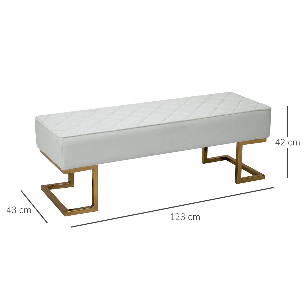 Bænk til soveværelse, kommode, sengebænk, stue, kunstlæder, metal, hvid+guld, 120 x 43 x 42 cm