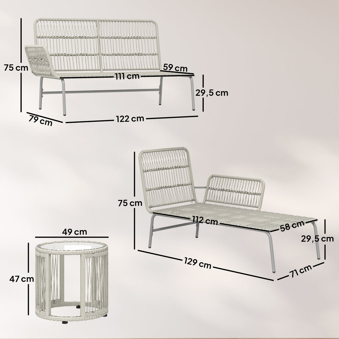 Polyrattan havemøbelsæt, 3 dele, med liggestol, to-personers sofa, sofabord, aftagelige hynder, lysegrå