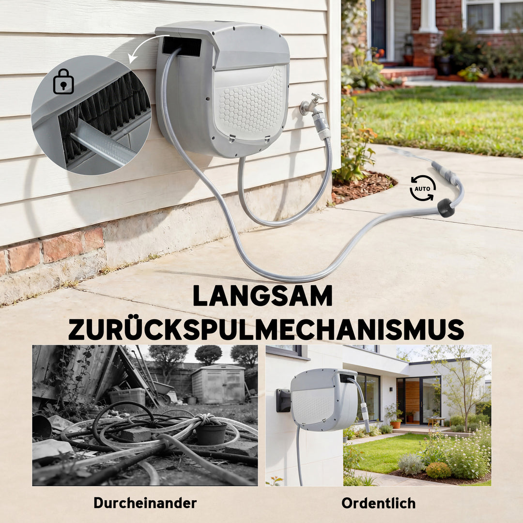 Slangeopruller med 20 m haveslange, 180° drejelig slangeboks med automatisk oprulning og selvlåsende mekanisme.