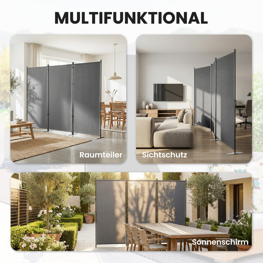 3-panels rumdeler, 260 x 30 cm, fritstående, metalskærm, privatlivsskærm, udendørs rumdeler, mørkegrå