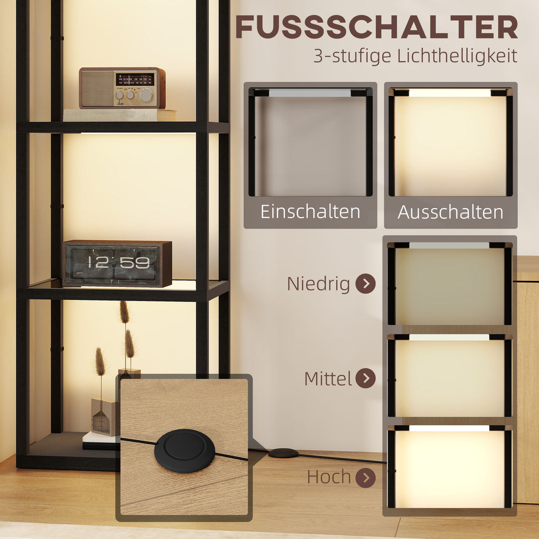 Led-gulvlampe med 4-lags hylde, oplyst hylde med 4 glasrum, fodkontakt, mdf, sort