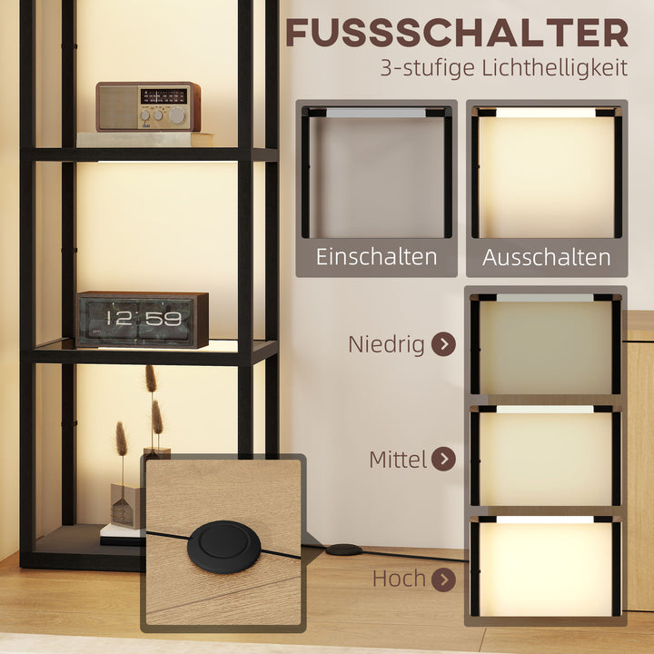 Led-gulvlampe med 4-lags hylde, oplyst hylde med 4 glasrum, fodkontakt, mdf, sort