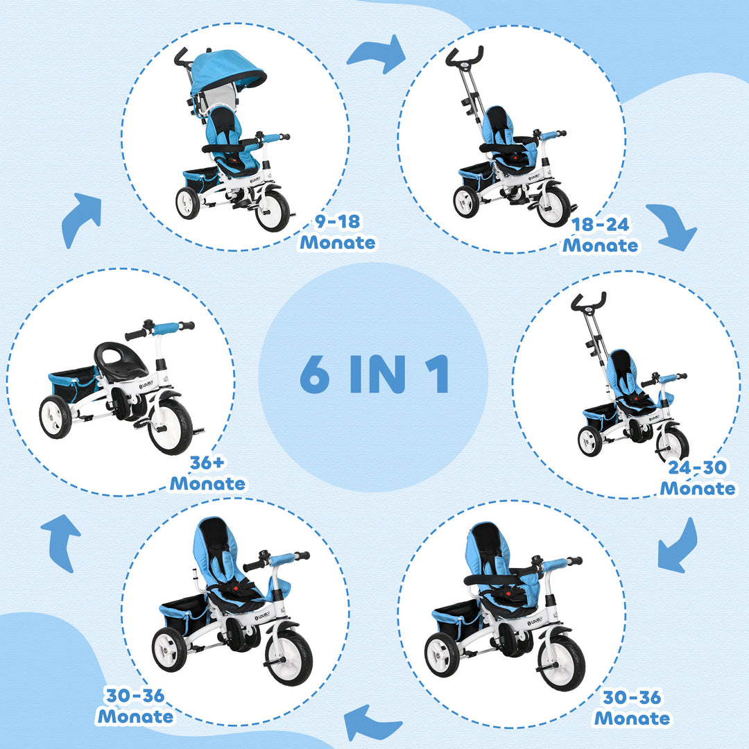 6-I-1 børnetrecykel med skubbehåndtag, kaleche, sele, opbevaringskurv, til 1-5 år, blå