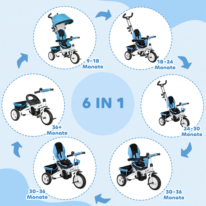 6-I-1 børnetrecykel med skubbehåndtag, kaleche, sele, opbevaringskurv, til 1-5 år, blå