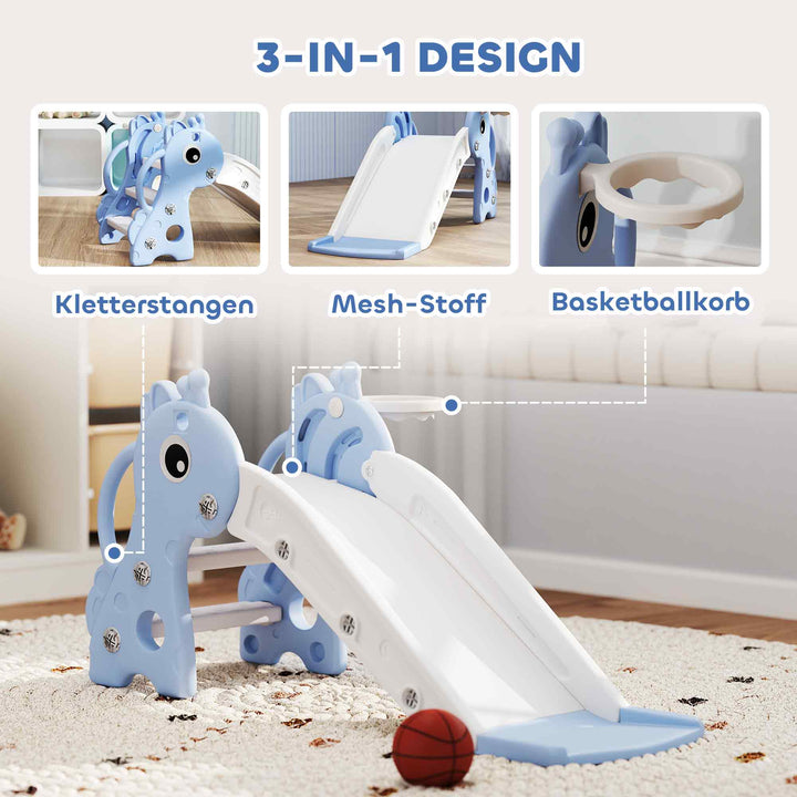 3-I-1 børnerutsjebane, girafformet, basketballkurv, bold, blå