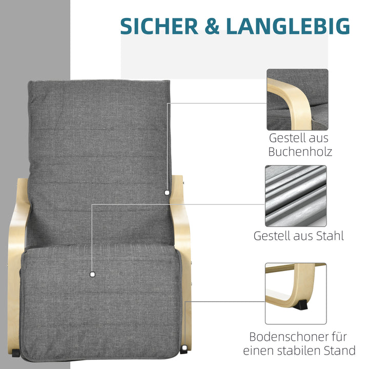 Accentstol, lænestol med justerbar fodstøtte, birketræsstel, op til 120 kg, 66,5 x 94 x 100 cm, grå