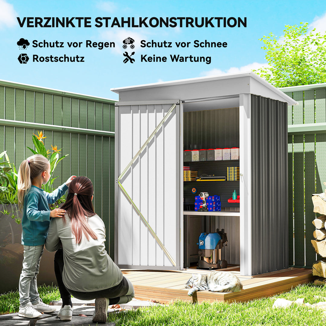 Haveskur, udendørs redskabsskur lavet af bølgepapstål, vægmonteret design, justerbare hylder, aflåselig dør, grå