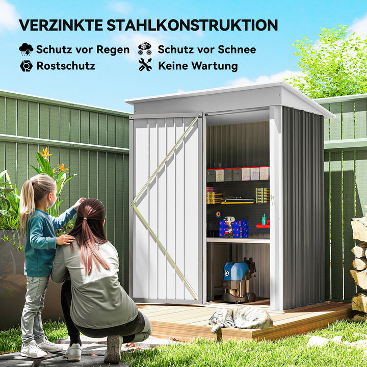 Haveskur, udendørs redskabsskur lavet af bølgepapstål, vægmonteret design, justerbare hylder, aflåselig dør, grå