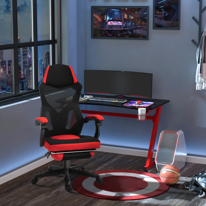 Ergonomisk kontorstol, gamingstol, drejestol med fodstøtte, pc-stol, executive-stol, højdejusterbar, polyester, sort+rød, 58 x 63 x 112-122 cm