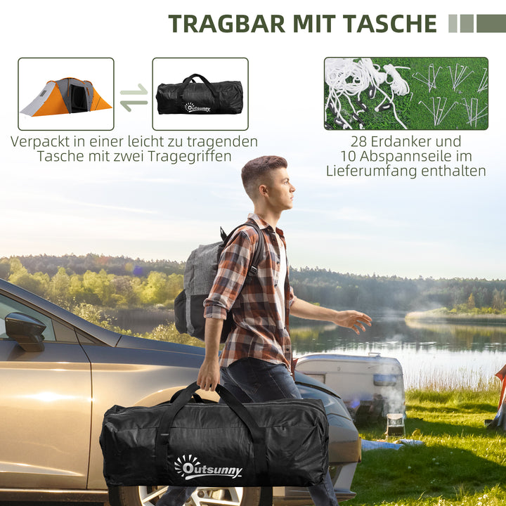 Tunneltelt, 2000 mm vandafvisende campingtelt til 4-6 personer, med 2 soveværelser, opholdsstue, bæretaske, grå+orange