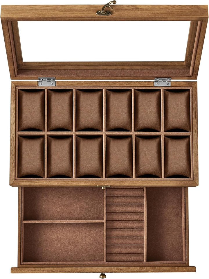 Urkasse i rustik valnød med 12 rum, 2-etagers trædesign med stor glaslåg, perfekt til opbevaring af ure og smykker, mål ca. 34 x 19 x 12,5 cm