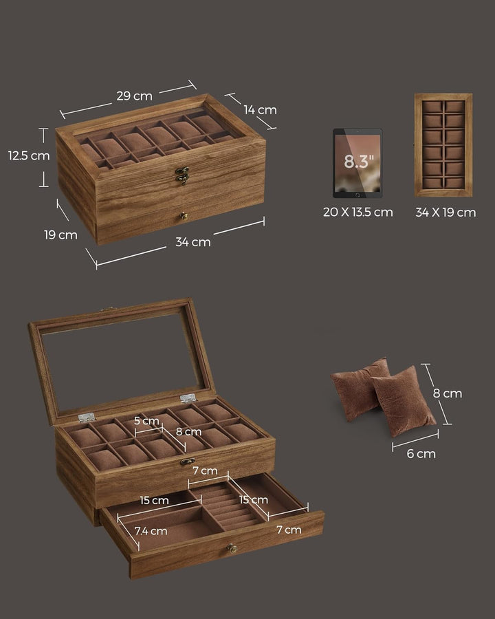 Urkasse i rustik valnød med 12 rum, 2-etagers trædesign med stor glaslåg, perfekt til opbevaring af ure og smykker, mål ca. 34 x 19 x 12,5 cm