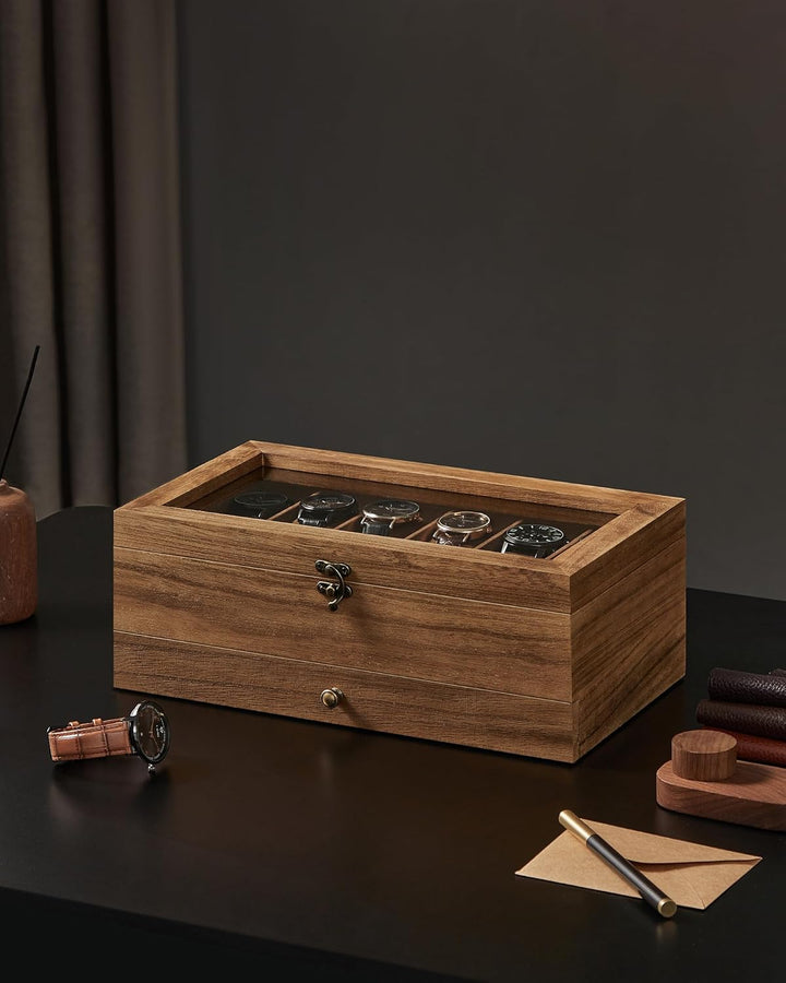Urkasse i rustik valnød med 12 rum, 2-etagers trædesign med stor glaslåg, perfekt til opbevaring af ure og smykker, mål ca. 34 x 19 x 12,5 cm
