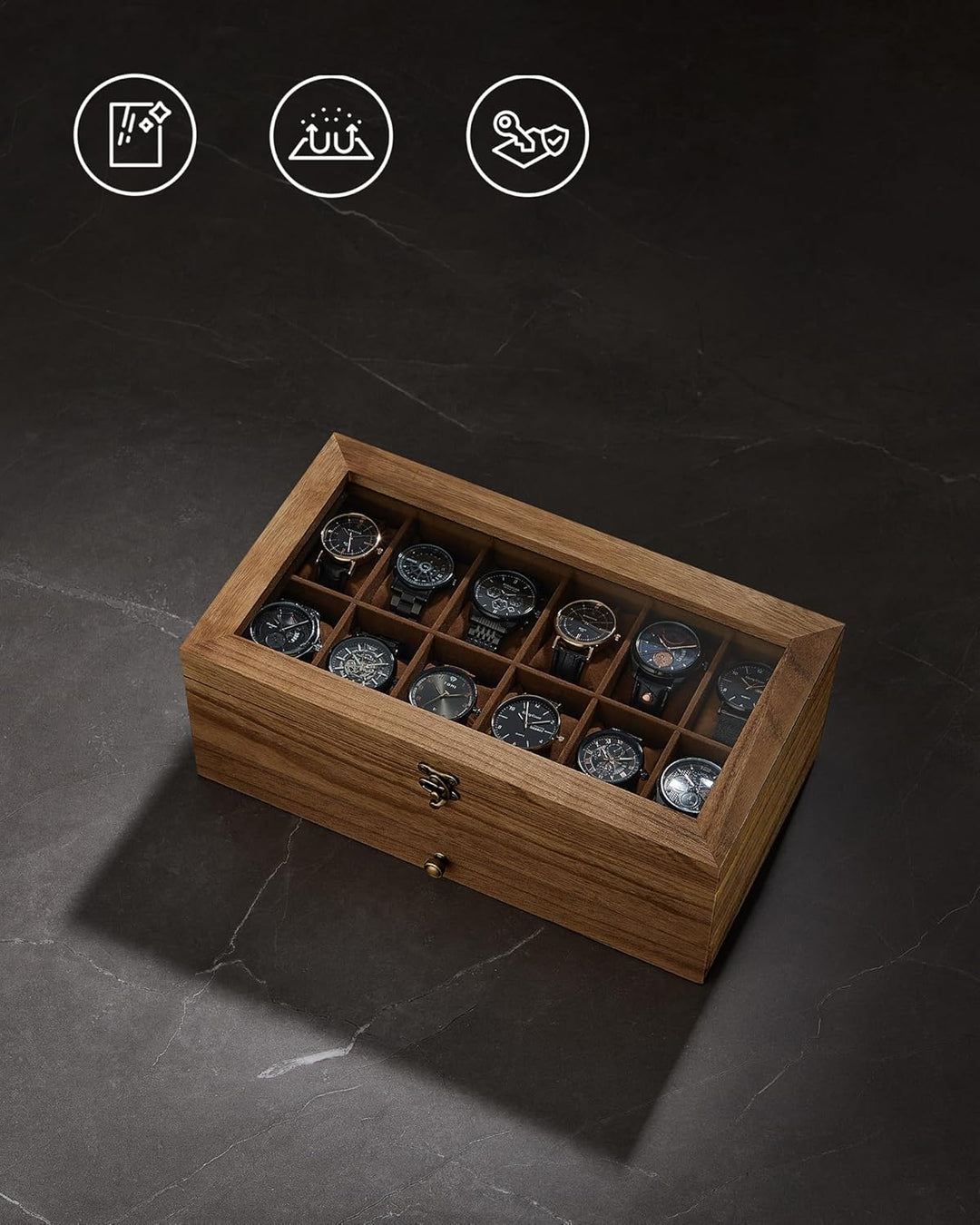Urkasse i rustik valnød med 12 rum, 2-etagers trædesign med stor glaslåg, perfekt til opbevaring af ure og smykker, mål ca. 34 x 19 x 12,5 cm