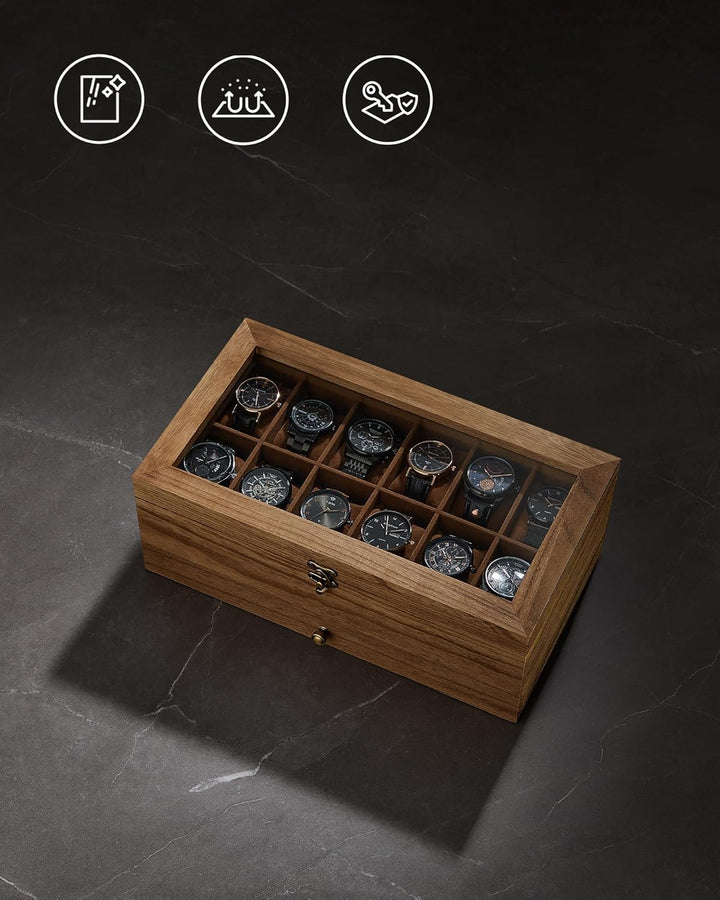 Urkasse i rustik valnød med 12 rum, 2-etagers trædesign med stor glaslåg, perfekt til opbevaring af ure og smykker, mål ca. 34 x 19 x 12,5 cm