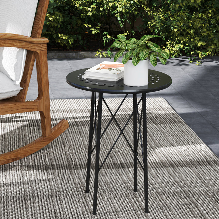 Havebord, rundt terrassebord med blomstermønster, stål, bistrobord til indendørs og udendørs brug, sort