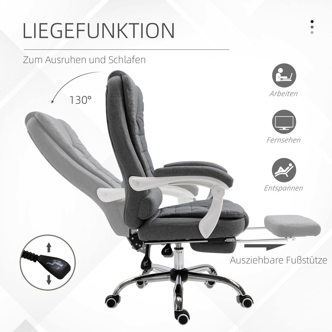 Kontorstol med udklappelig fodstøtte, chefstol, justerbar ryglæn, linnedlook, grå
