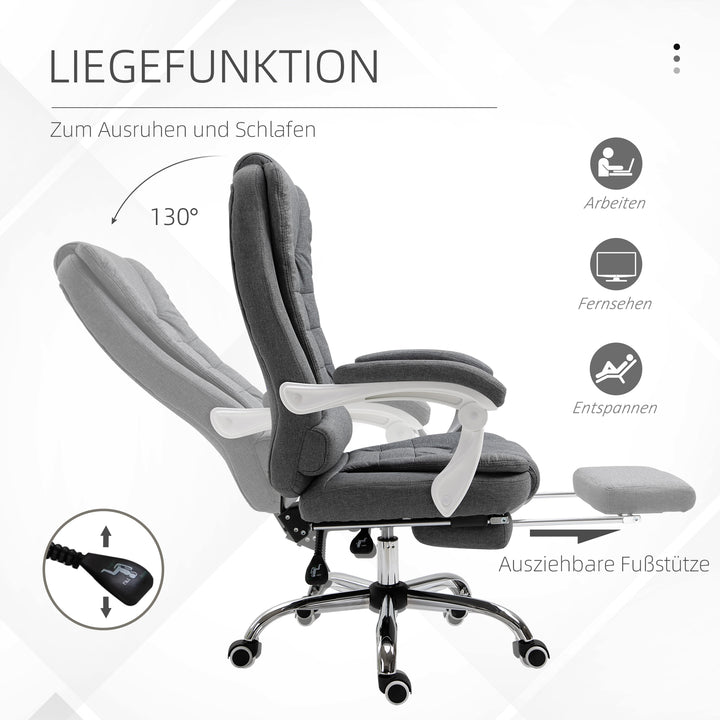 Kontorstol med udklappelig fodstøtte, chefstol, justerbar ryglæn, linnedlook, grå