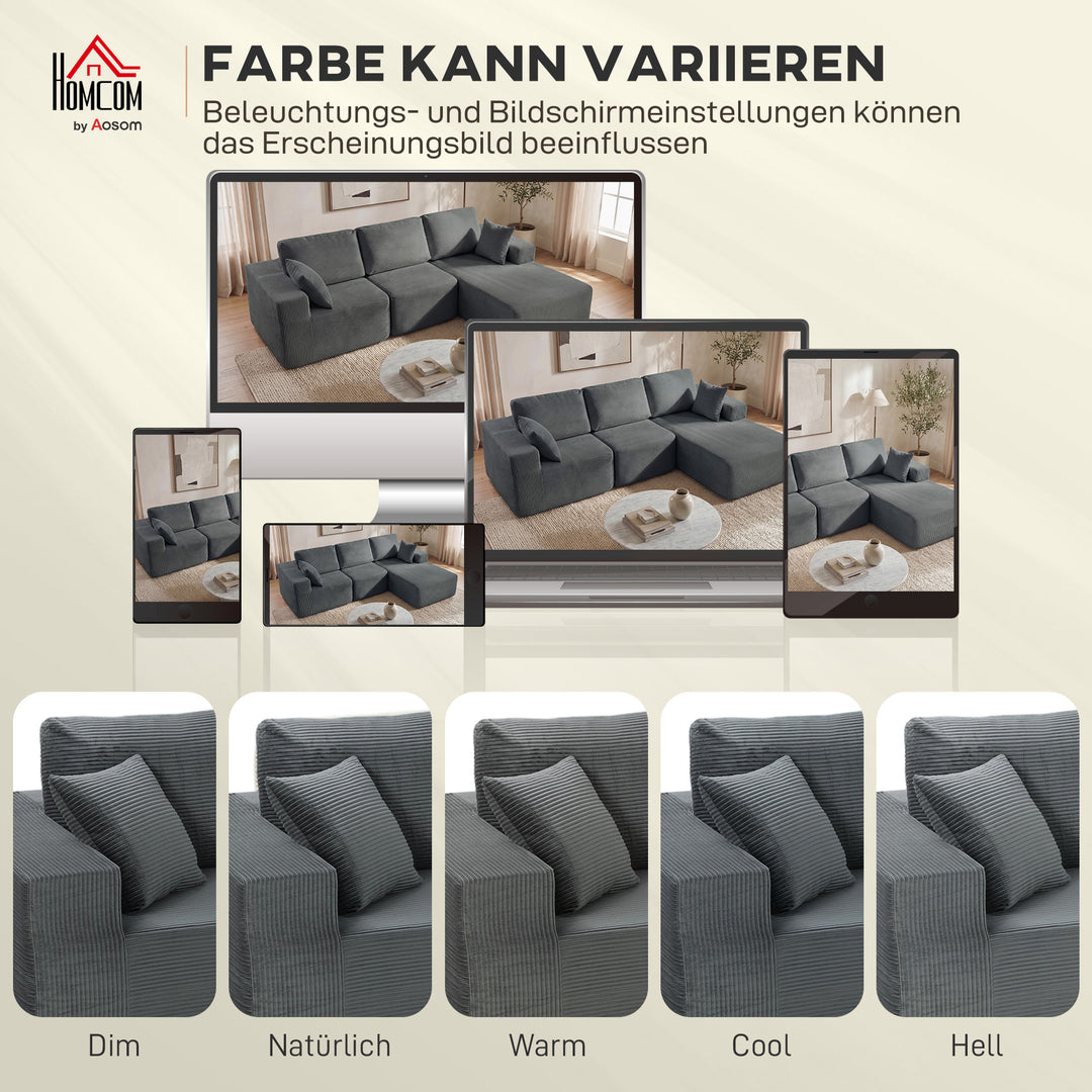 Modulær hjørnesofa, L-formet sovesofa med dybt sæde, brede armlæn, 2 hynder, mørkegrå